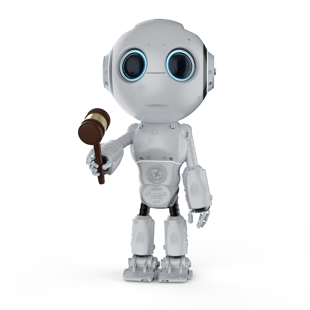 Internet law concept with 3d rendering cute robot hold gavel judge