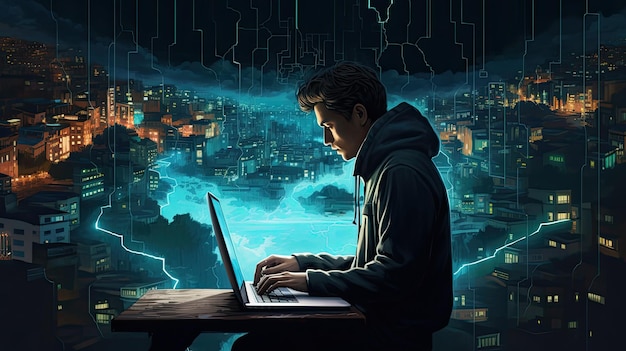 internet network security featuring a young man in a nighttime setting a minimalist modern style symbolizing the intersection of technology and security