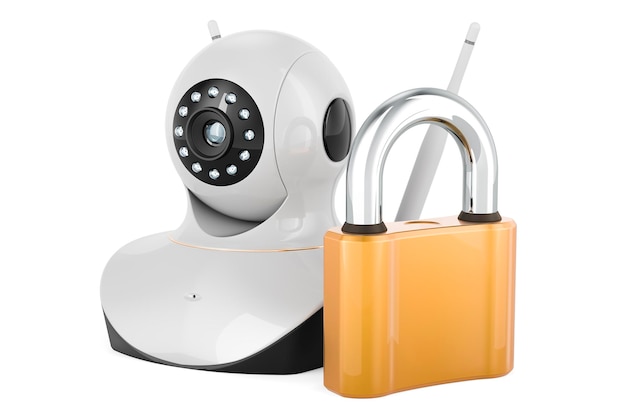 Internet Protocol camera with padlock 3D rendering