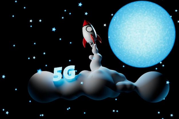 Internet and satellite TV rocket moon and inscription 5g among the stars on a black background