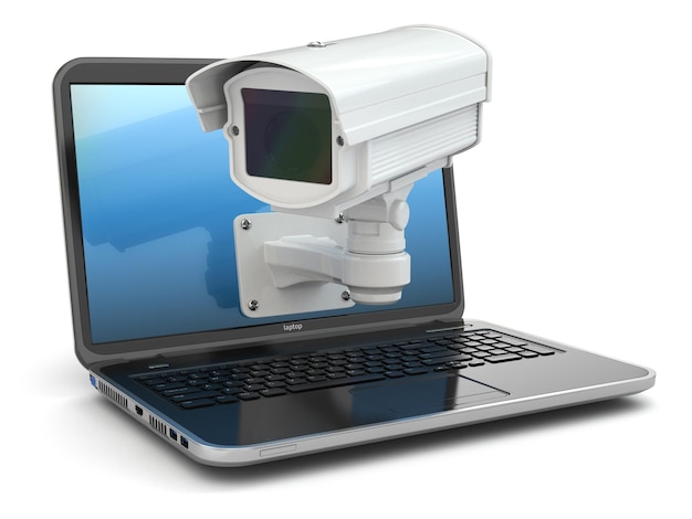 Internet security. Laptop and CCTV on white isolated background. 3d