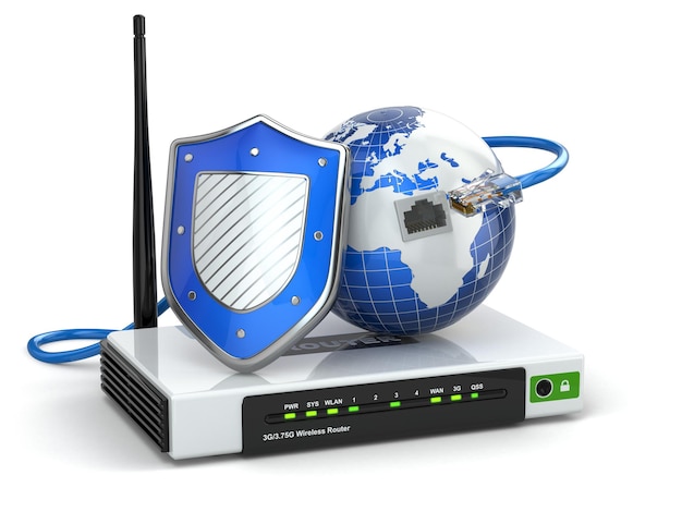 Internet security. Router with shield and earth. 3d