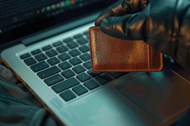 Internet theft a gloved hand reaching through a laptop screen to steal a wallet from a man