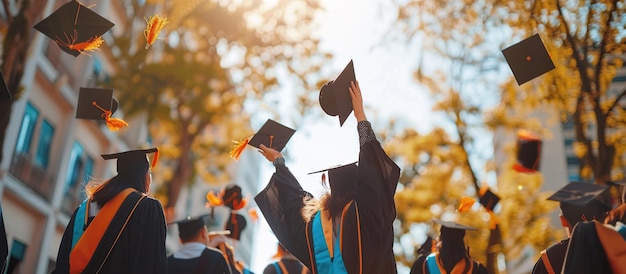 Interracial bachelors with diplomas throwing caps with sky at background