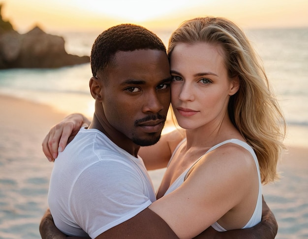 An interracial couple hugs affectionately on the beach