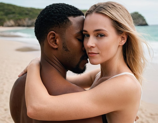 An interracial couple hugs affectionately on the beach