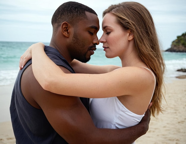 An interracial couple hugs affectionately on the beach