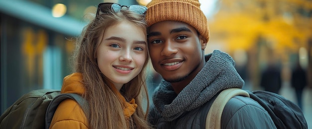 Interracial Couple Smiling and Looking at Camera in Urban Setting