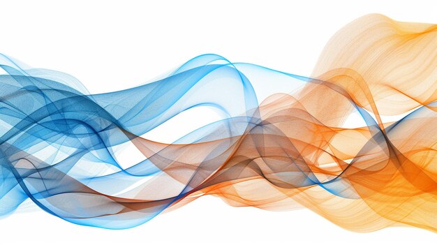 Intersecting layers of blue and orange spectrum wave lines embodying innovation isolated on a solid white background