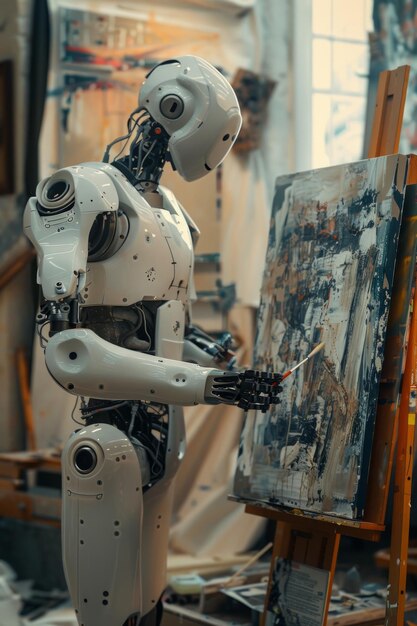 Photo the intersection of robotics and creativity in the creation of art blending mechanical precision