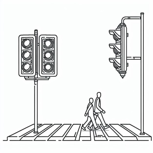 Intersection with signal light and crosswalk in line art featuring simple details oneline simplic