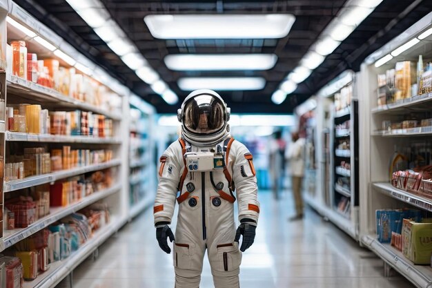 Interstellar shopping experience Astronaut navigating a futuristic space supermarket aisle