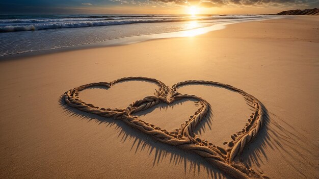 Photo intertwined hearts drawn in sand romantic beach scene love symbol