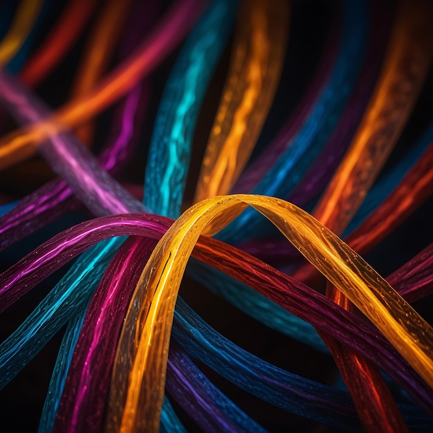 Photo intertwined ribbons of glowing light in radiant contrasting hues creating a mesmerizing