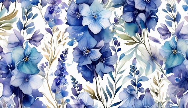 Intertwined watercolor blue delphiniums in a seamless design