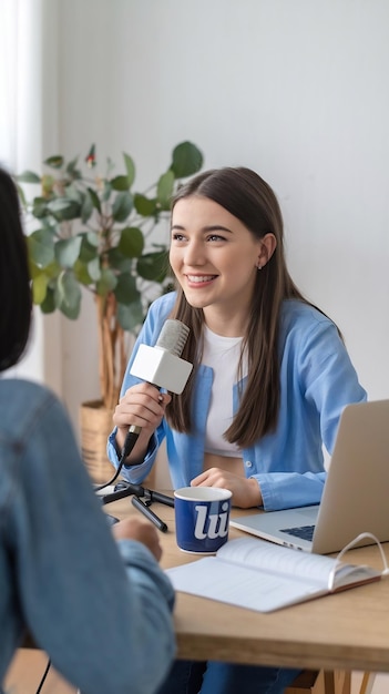 Photo interview online of teen interviewer blogger influencer gen z interviewing for her blog with microp