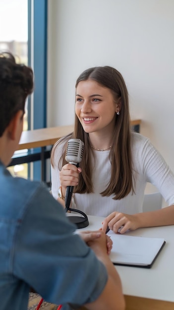 Photo interview online of teen interviewer blogger influencer gen z interviewing for her blog with microp