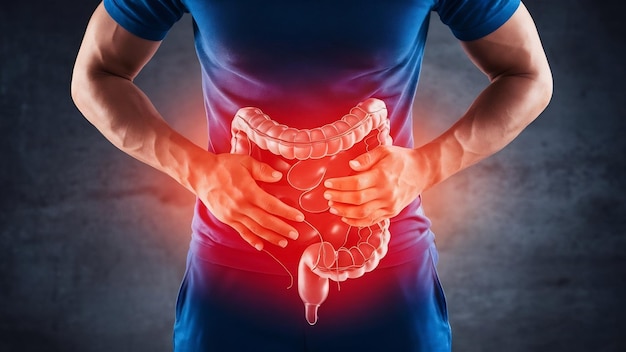 Intestinal inflammation abdominal pain man photo of large intestine on man body stomachache diarrhe