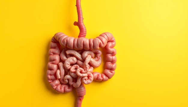 Photo intestines health guts on yellow background top view space for text isolated with white highlights