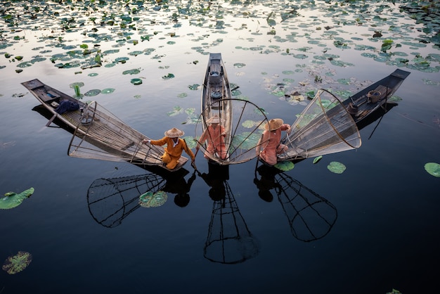 Intha fishermen working in the morning. Location of Inle lake, Myanmar.