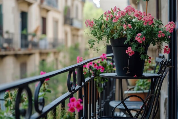 Photo intimate balcony space with pink blooms and metal furnishings paris backdrop aigenerated