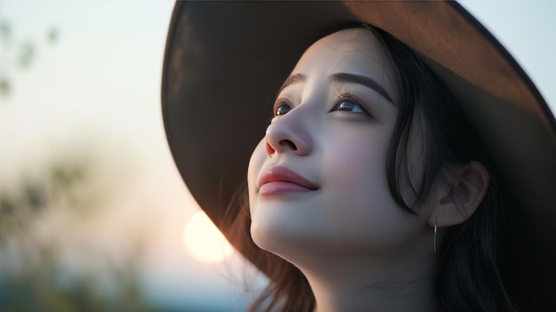 Intimate close up portrait of woman in fashionable hat gazing emotionally at the sky