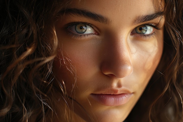 Intimate close up of a woman's face soft natural light detailed texture of the skin