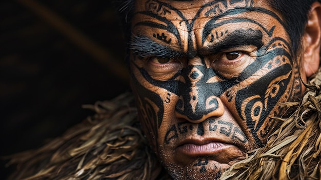 An intimate closeup showcasing the weathered yet wise features of an elderly Native American man