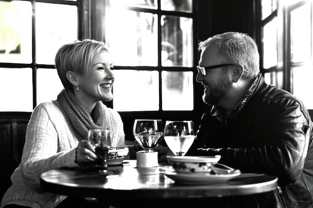 Photo intimate conversation between two people sharing drinks in cozy cafe setting