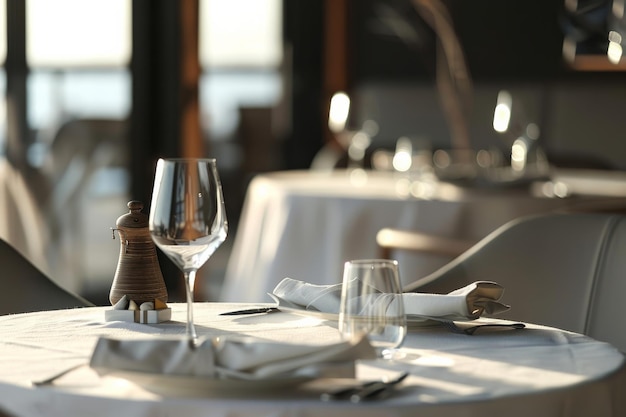 Intimate dining table set for two with sparkling wine glasses under morning sunlight glowing through large windows