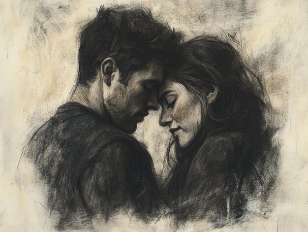 Intimate embrace expressive charcoal portrait of a couple in tender moment