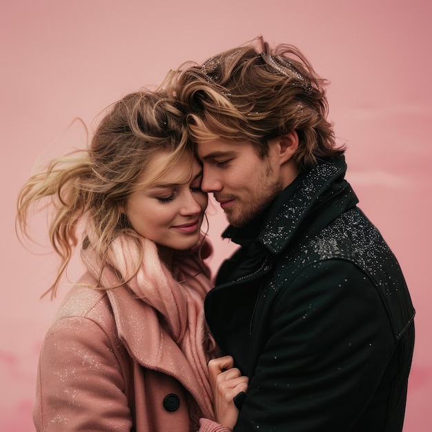 Photo intimate embrace loving couple cuddles against plain pink background portraying affection and ha