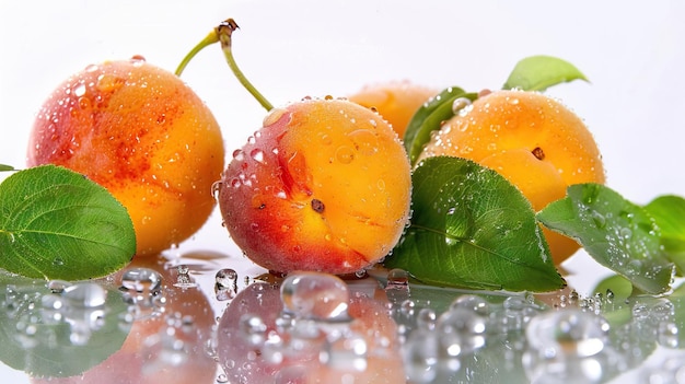 Intimate focus on several apricots with dewdrops capturing their freshness alongside a scattering of green leaves isolated on a white background suitable for health and nutrition guides