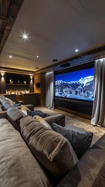 An intimate home theater with plush reclining seats a large screen advanced sound system