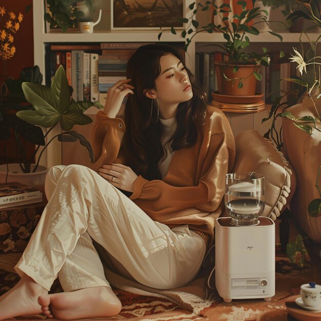 Photo intimate moment a woman in a warm room with books a plant and a coffee machine