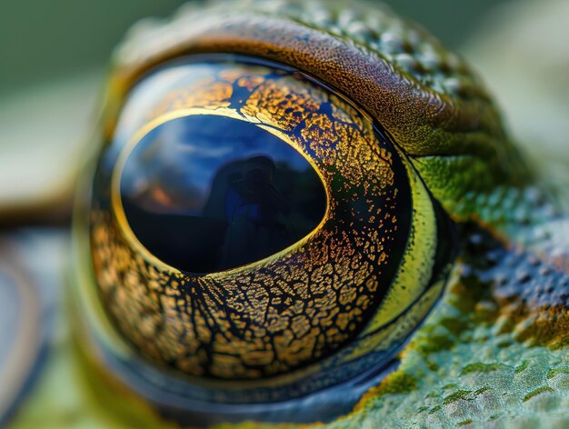 Intimate portrait of a frogs eye capturing the reflection of its environment perfect for unique animal closeups