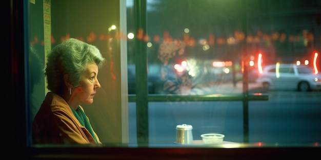 Intimate Portrait of a Worried Woman Peering Through a Bar Window on a Rainy Day