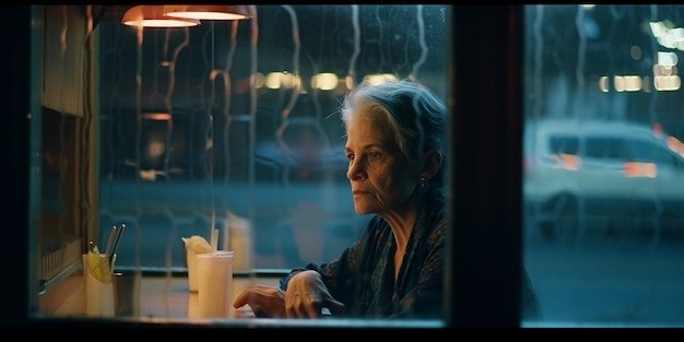 Intimate Portrait of a Worried Woman Peering Through a Bar Window on a Rainy Day