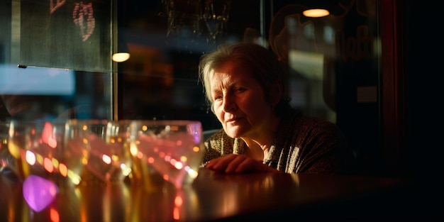 Intimate Portrait of a Worried Woman Peering Through a Bar Window on a Rainy Day