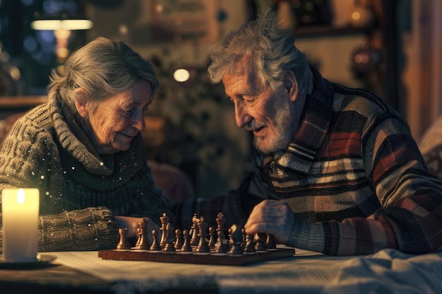 Intimate scene Elderly couple joyfully playing chess together