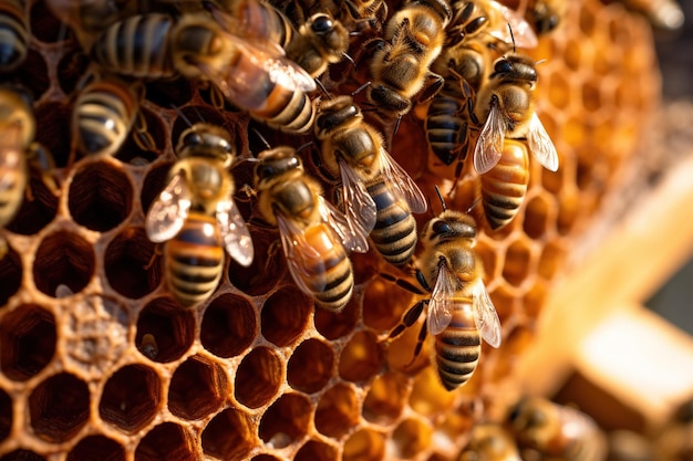 Intimate view of a beehive buzzing with activity