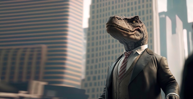 An intimidating business TRex dressed in a tailored suit with city in the background AIGenerated