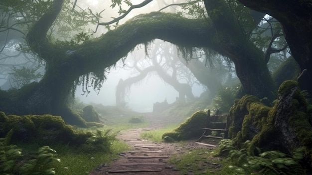 Into the deep woods landscape with archway and ancient trees misty and foggy mood generative ai