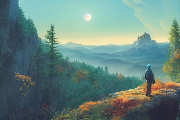 Intrepid traveler stands on cliff overlooking autumn forest and majestic light blue mountain range