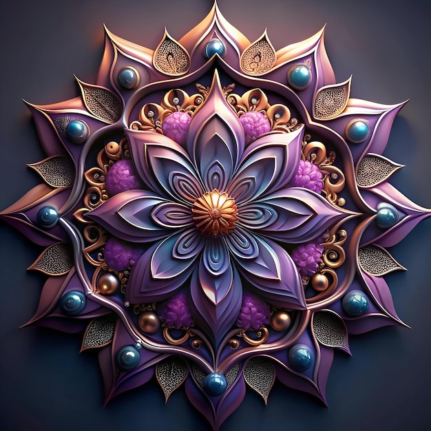 Photo intricate 3d floral mandala with a purple and gold color scheme