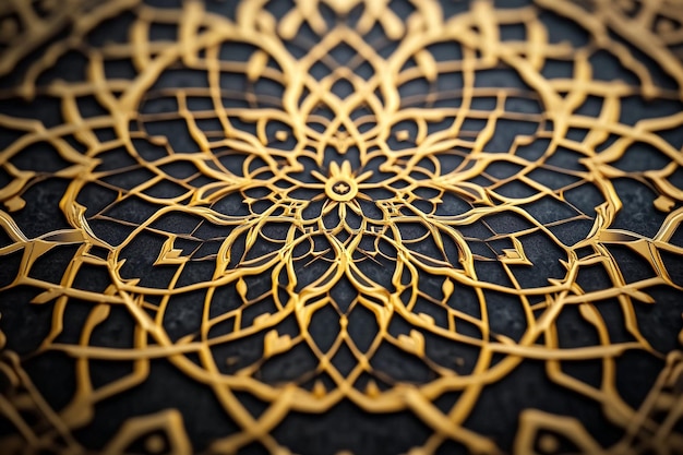 Intricate 3D Islamic geometric shapes glowing in golden hues on a black background ar 32 c 25