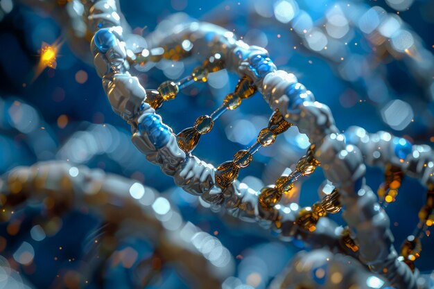 Intricate 3D Render of DNA Helix Structure with Luminous Nodes and Dynamic Particles Against Blue