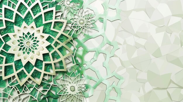 Intricate Arabic Islamic geometric patterns with a transition from green mosaic tiles to white abstract design