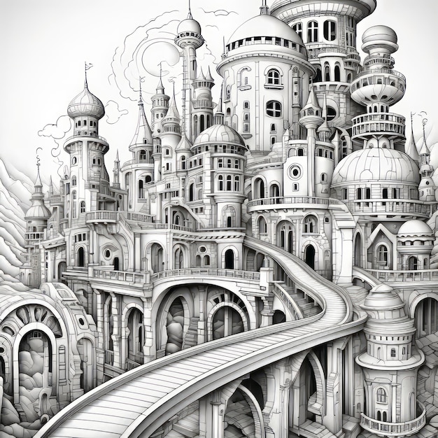 Intricate Architecture Coloring Book Fantasy City With Bridges And Towers