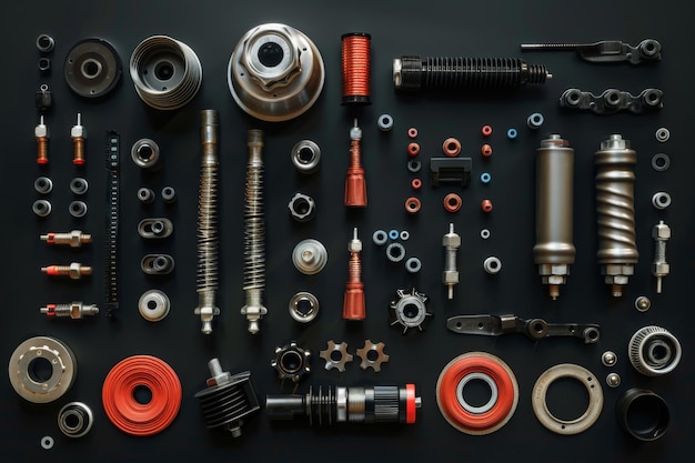 Photo an intricate arrangement of mechanical parts and tools on a dark surface